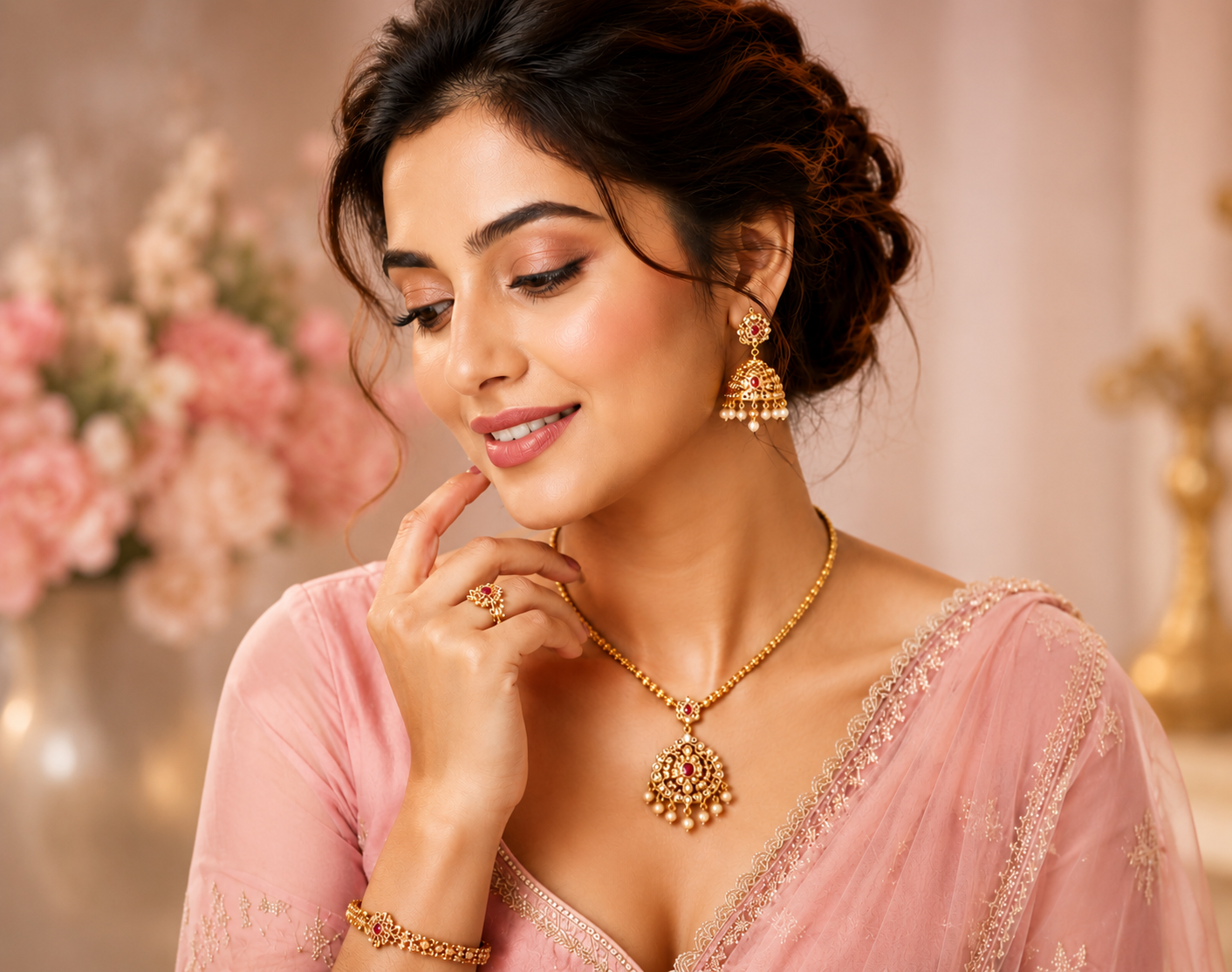Model wearing festive Arivelle jewellery